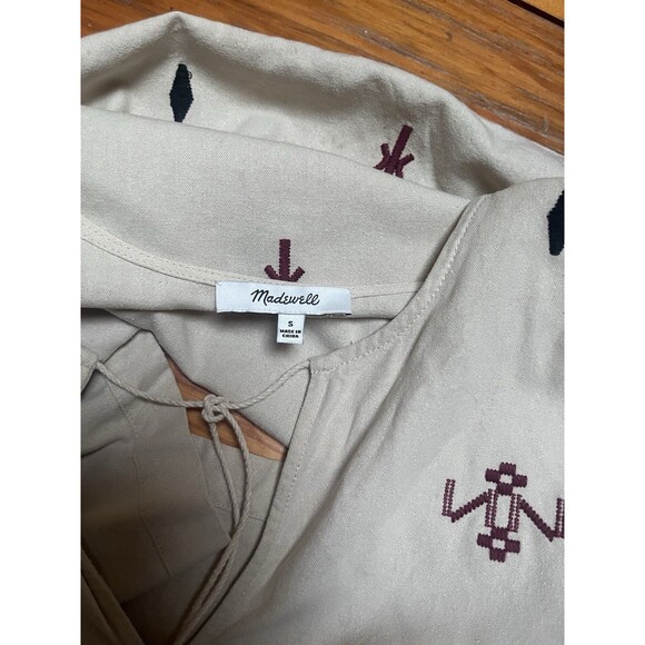 Madewell Women Shirt Small Silk Red Embroidered Aztec Print Tassel Poms Top - Picture 3 of 16